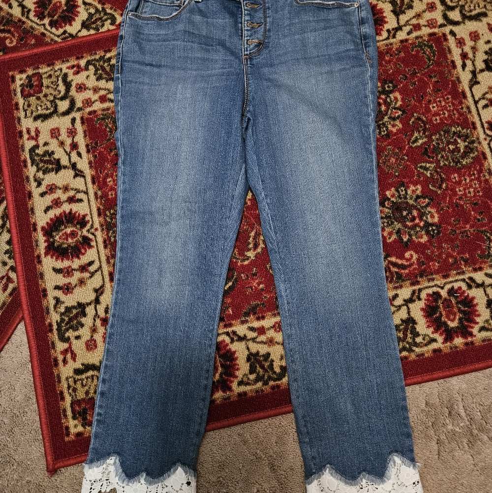 INC International Concepts Blue Cropped Jeans with Lace Trim